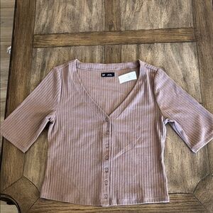 GAP Mauve Ribbed Button-Front V-Neck Top